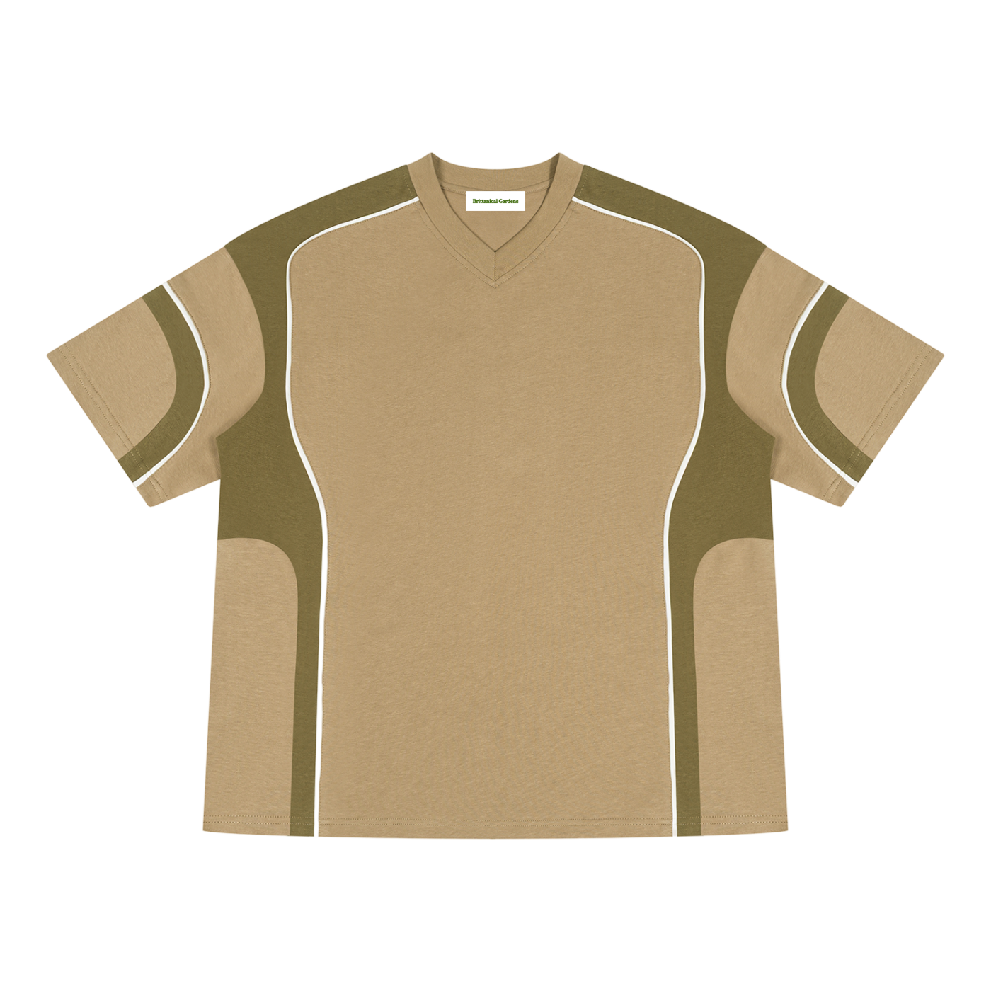 Color Block V-Neck T-Shirt Sand/Evergreen